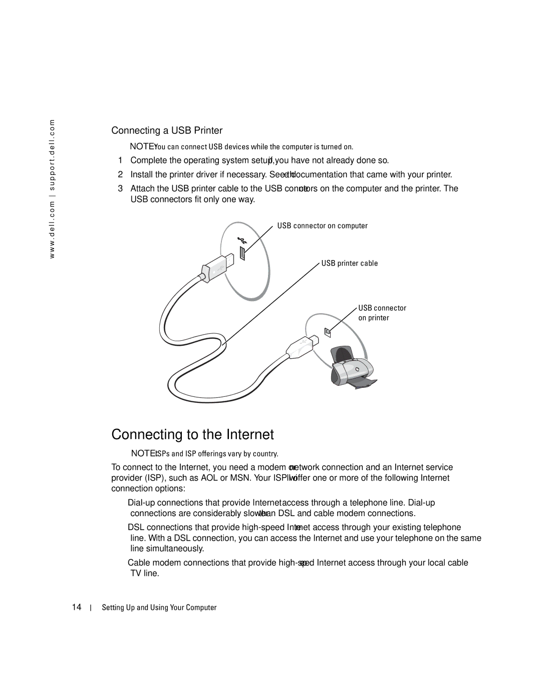 Dell XPS 400 owner manual Connecting to the Internet, Connecting a USB Printer, USB connector on computer USB printer cable 