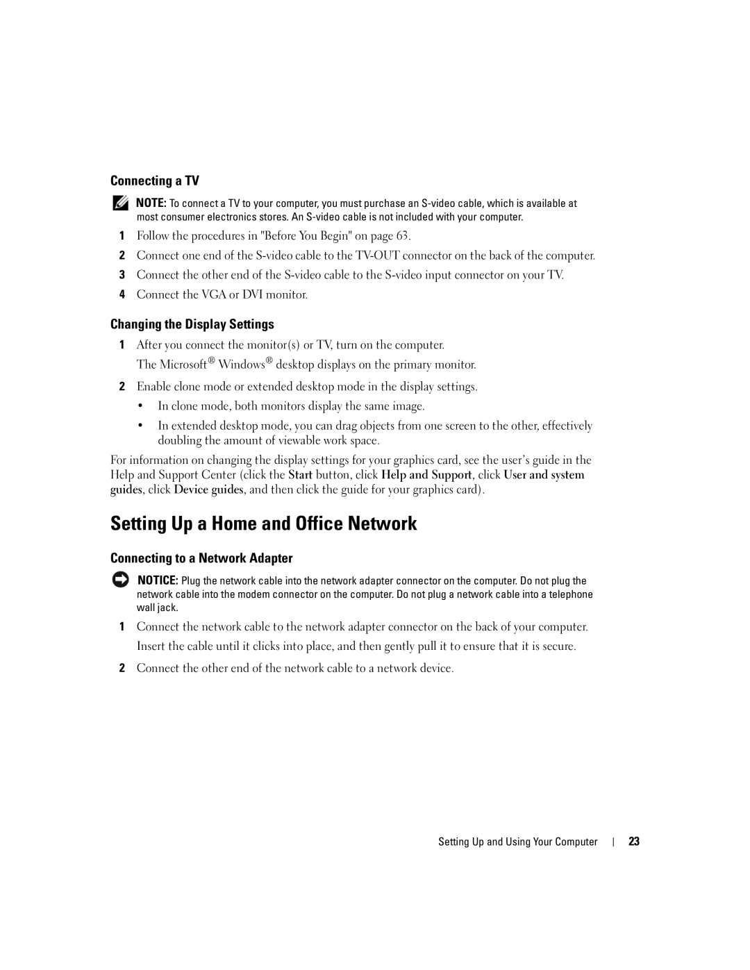 Dell XPS 400 owner manual Setting Up a Home and Office Network, Connecting a TV, Changing the Display Settings 