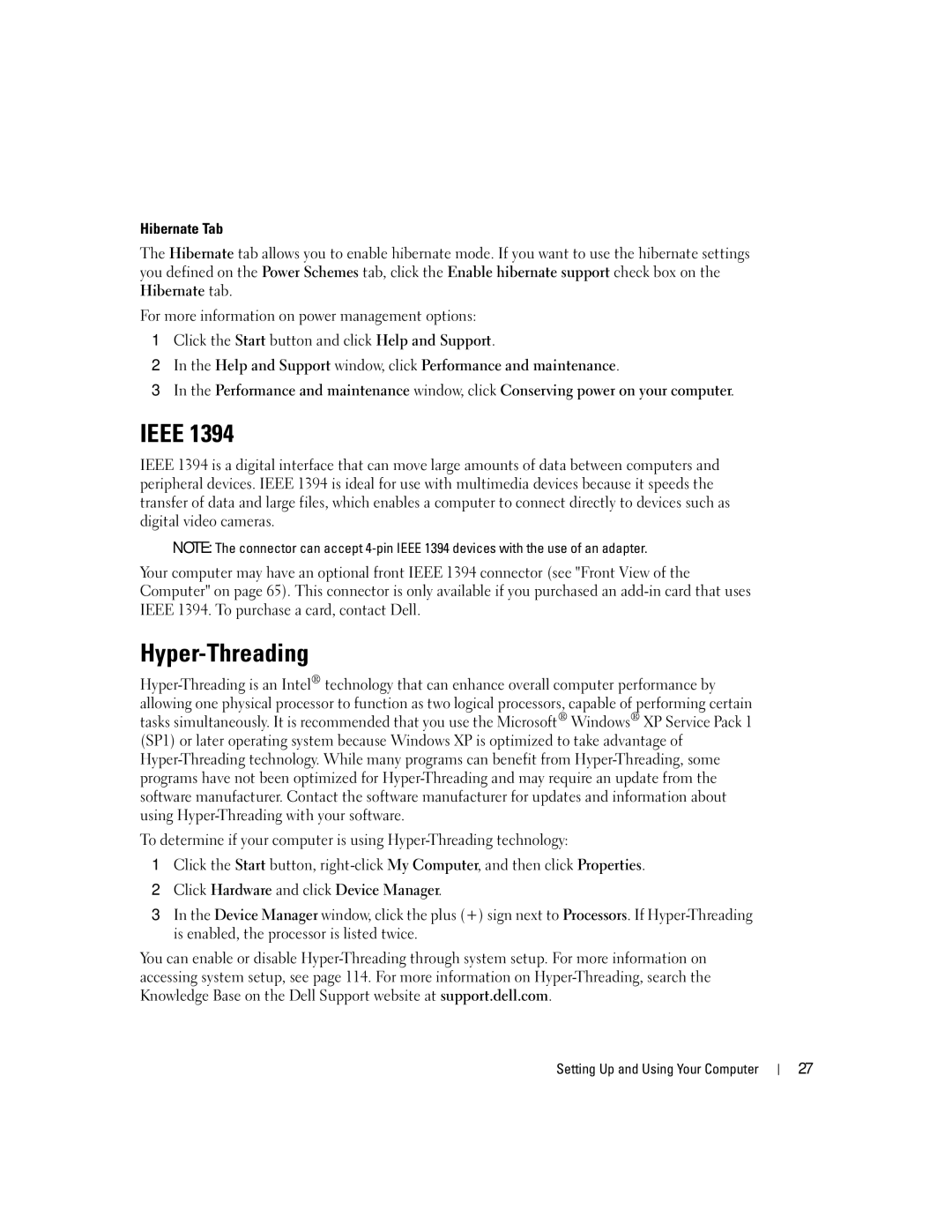 Dell XPS 400 owner manual Ieee, Hyper-Threading, Hibernate Tab 