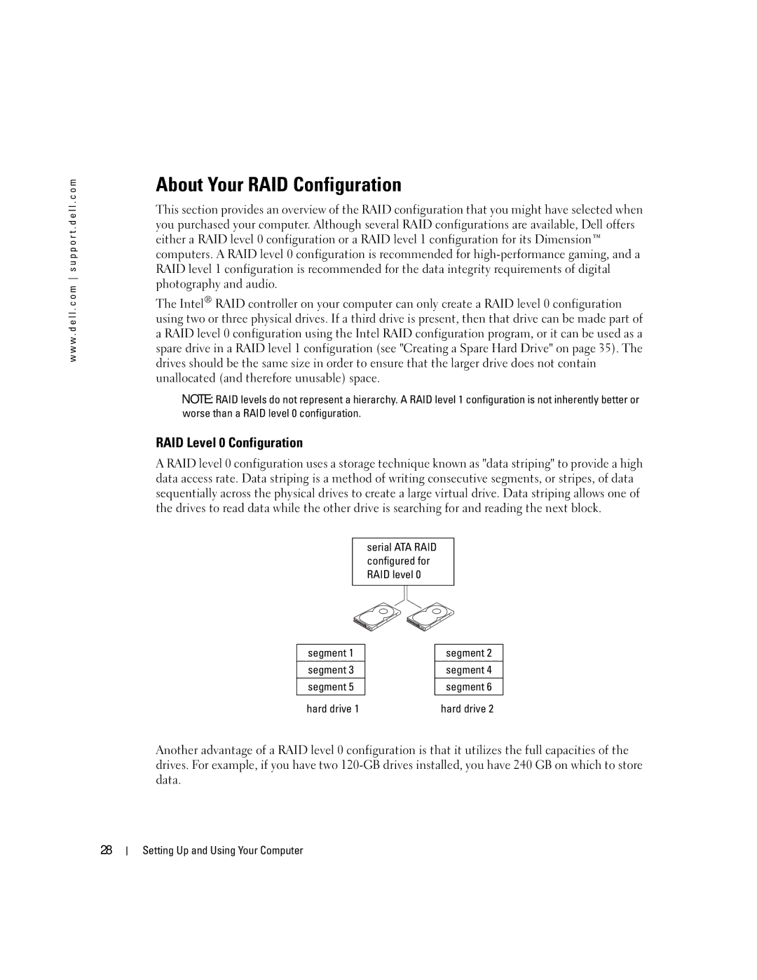 Dell XPS 400 owner manual About Your RAID Configuration, RAID Level 0 Configuration, Segment, Hard drive 