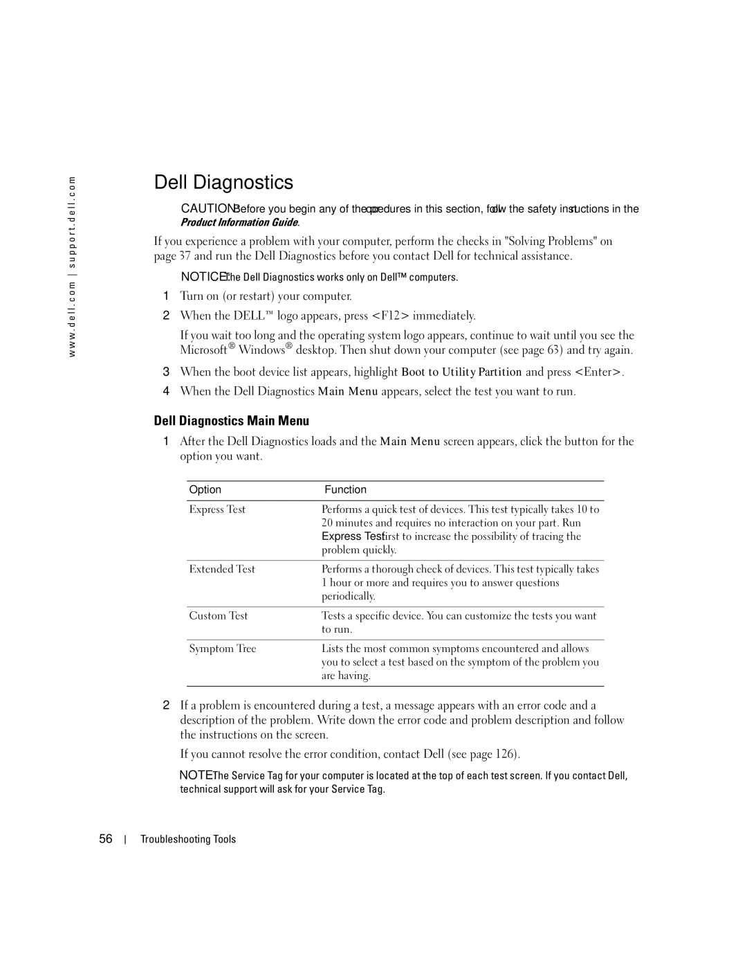 Dell XPS 400 owner manual Dell Diagnostics Main Menu, Option Function 