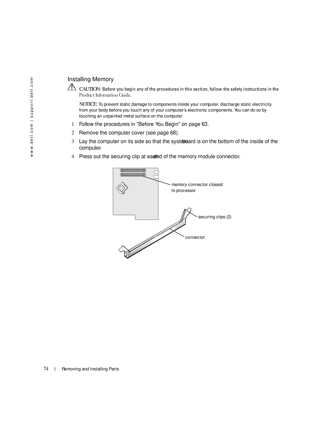 Dell XPS 400 owner manual Installing Memory, To processor, Securing clips Connector Removing and Installing Parts 