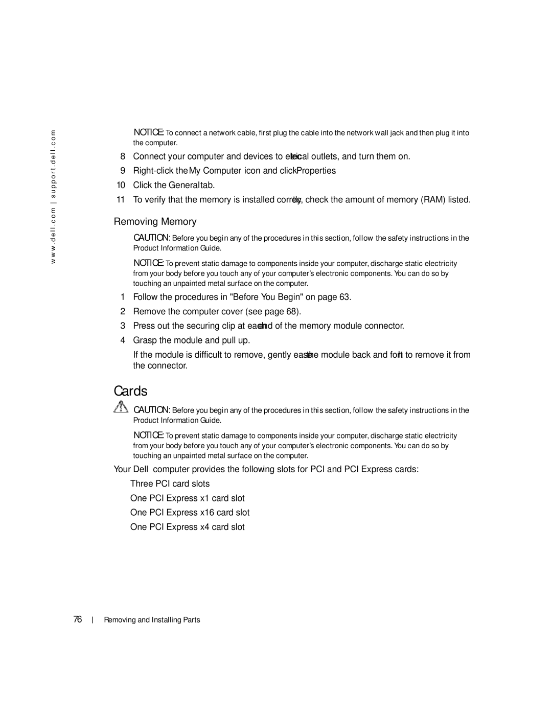 Dell XPS 400 owner manual Cards, Removing Memory 