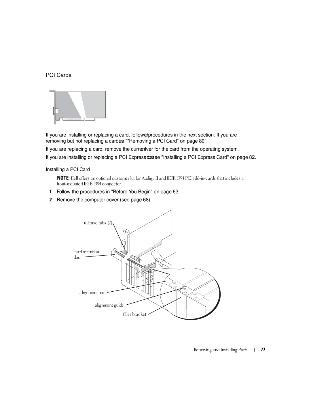 Dell XPS 400 owner manual PCI Cards, Installing a PCI Card 