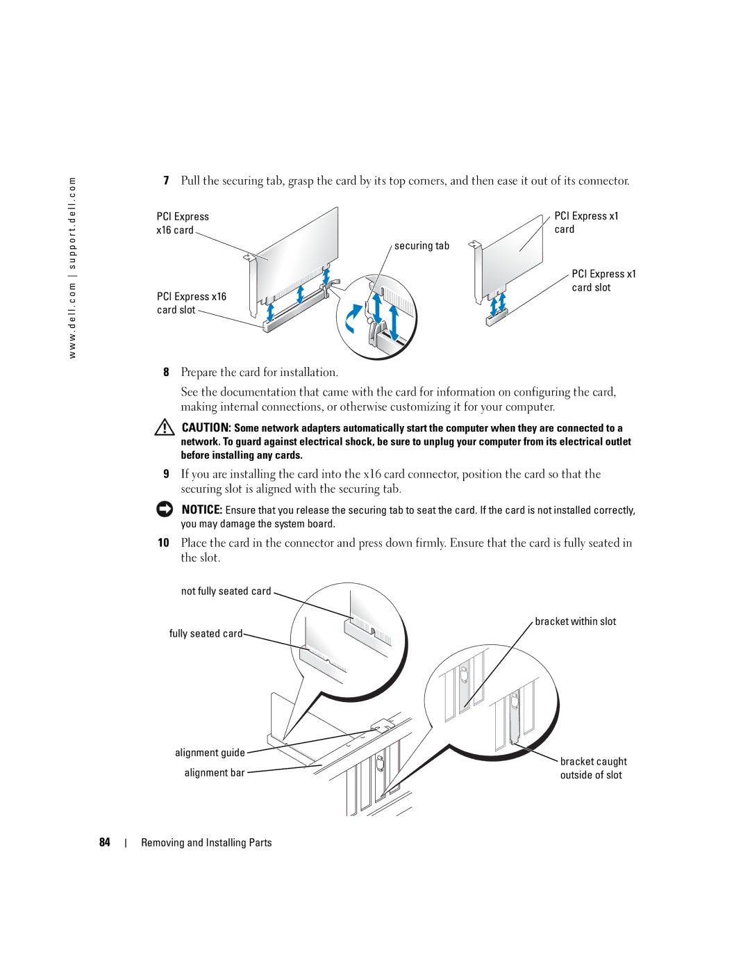 Dell XPS 400 owner manual PCI Express, Not fully seated card Bracket within slot Fully seated card 