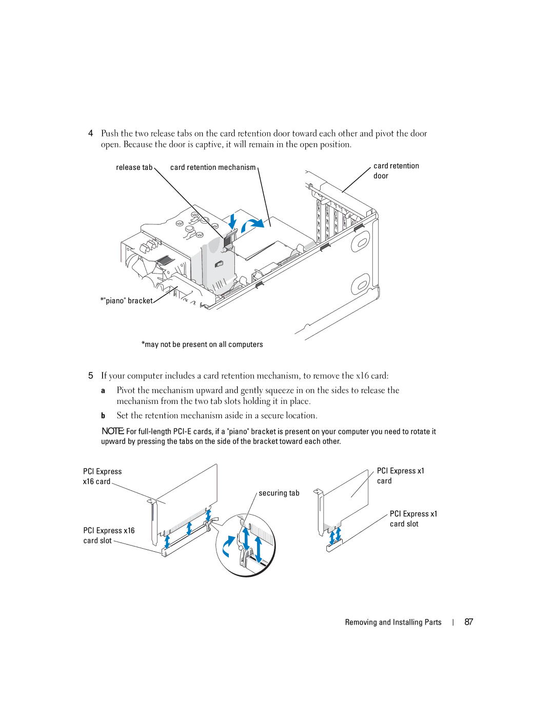 Dell XPS 400 owner manual Release tab Card retention mechanism, Door Piano bracket May not be present on all computers 