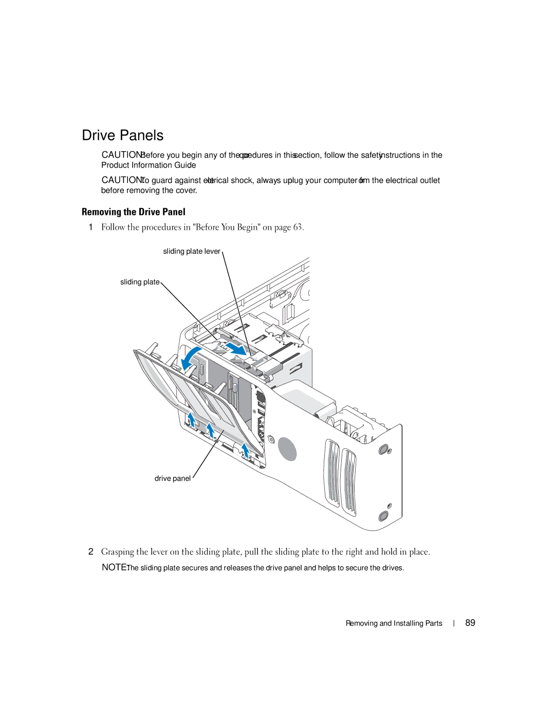 Dell XPS 400 owner manual Drive Panels, Removing the Drive Panel, Sliding plate lever Drive panel 