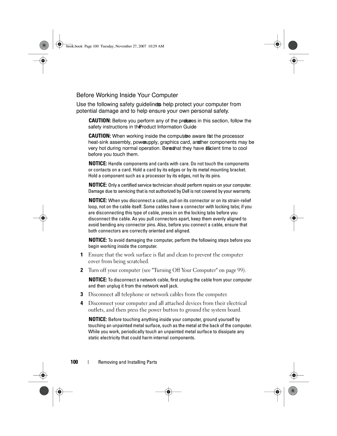 Dell XPS 420 owner manual Before Working Inside Your Computer, 100 