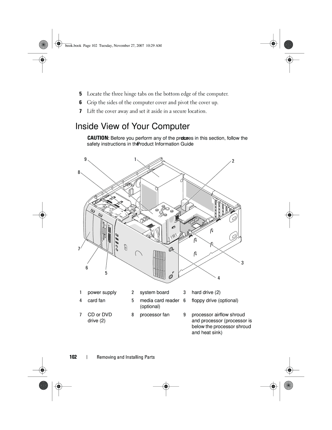 Dell XPS 420 owner manual Inside View of Your Computer, 102 