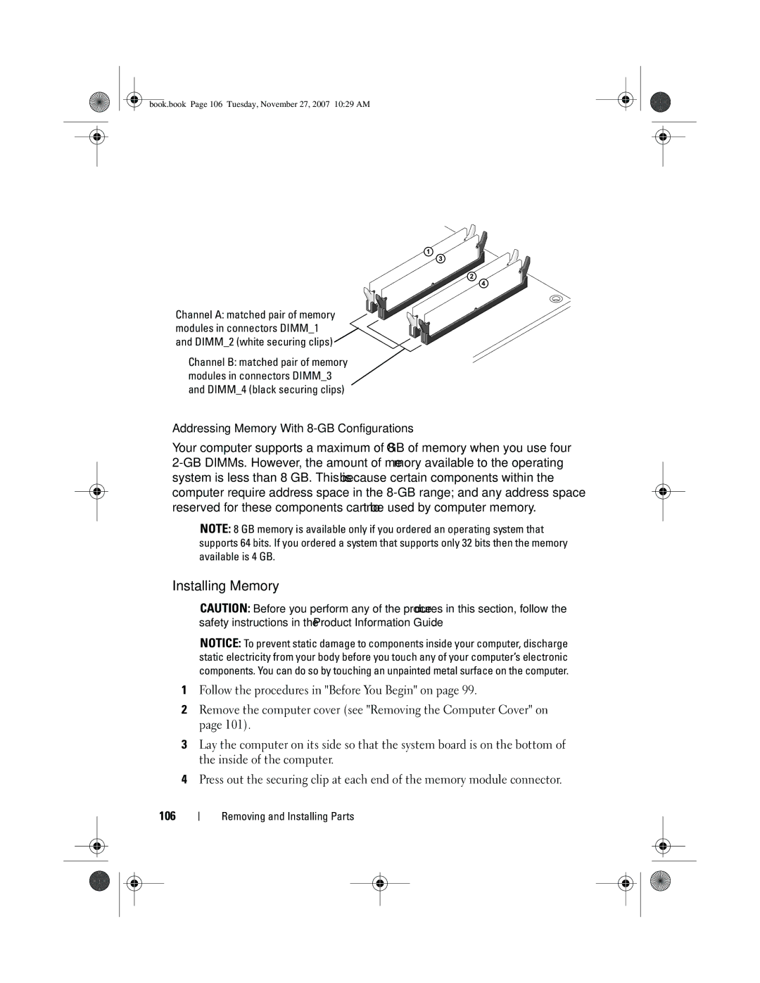 Dell XPS 420 owner manual Installing Memory, Addressing Memory With 8-GB Configurations 