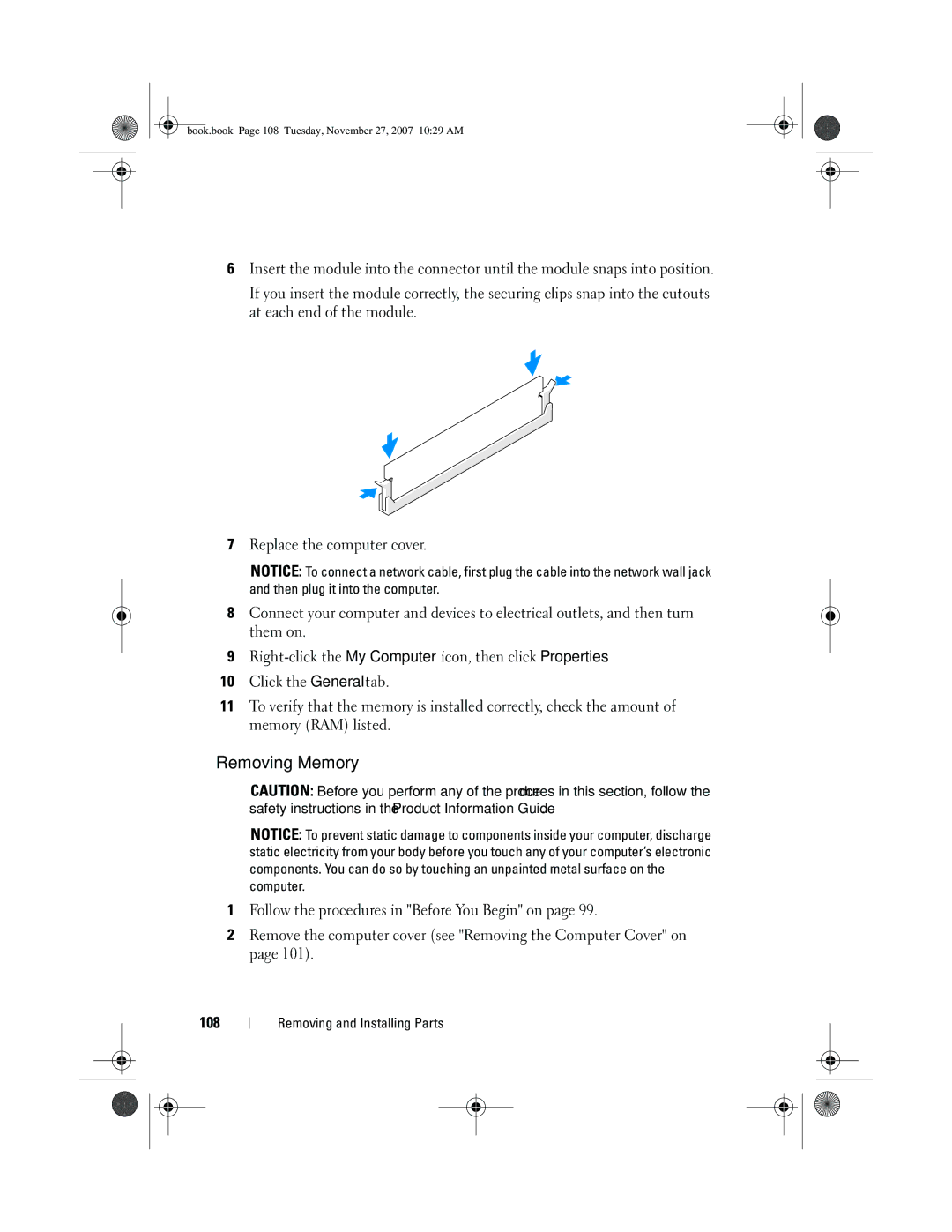 Dell XPS 420 owner manual Removing Memory 