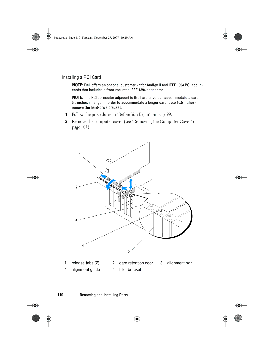 Dell XPS 420 owner manual Installing a PCI Card, 110 