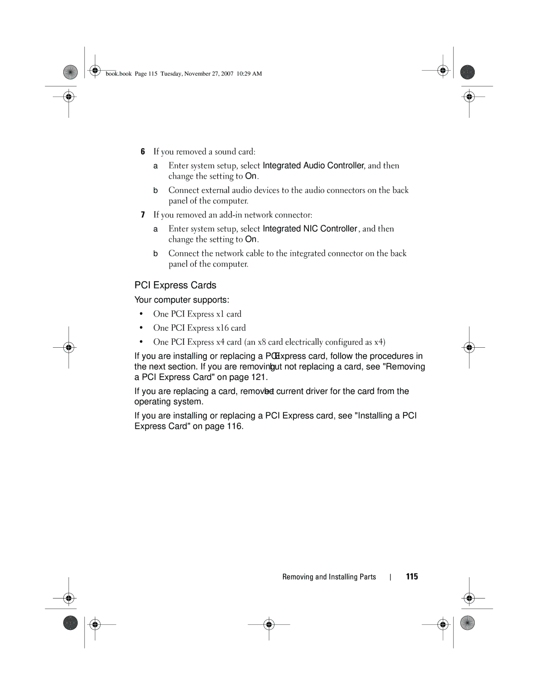 Dell XPS 420 owner manual PCI Express Cards, 115 