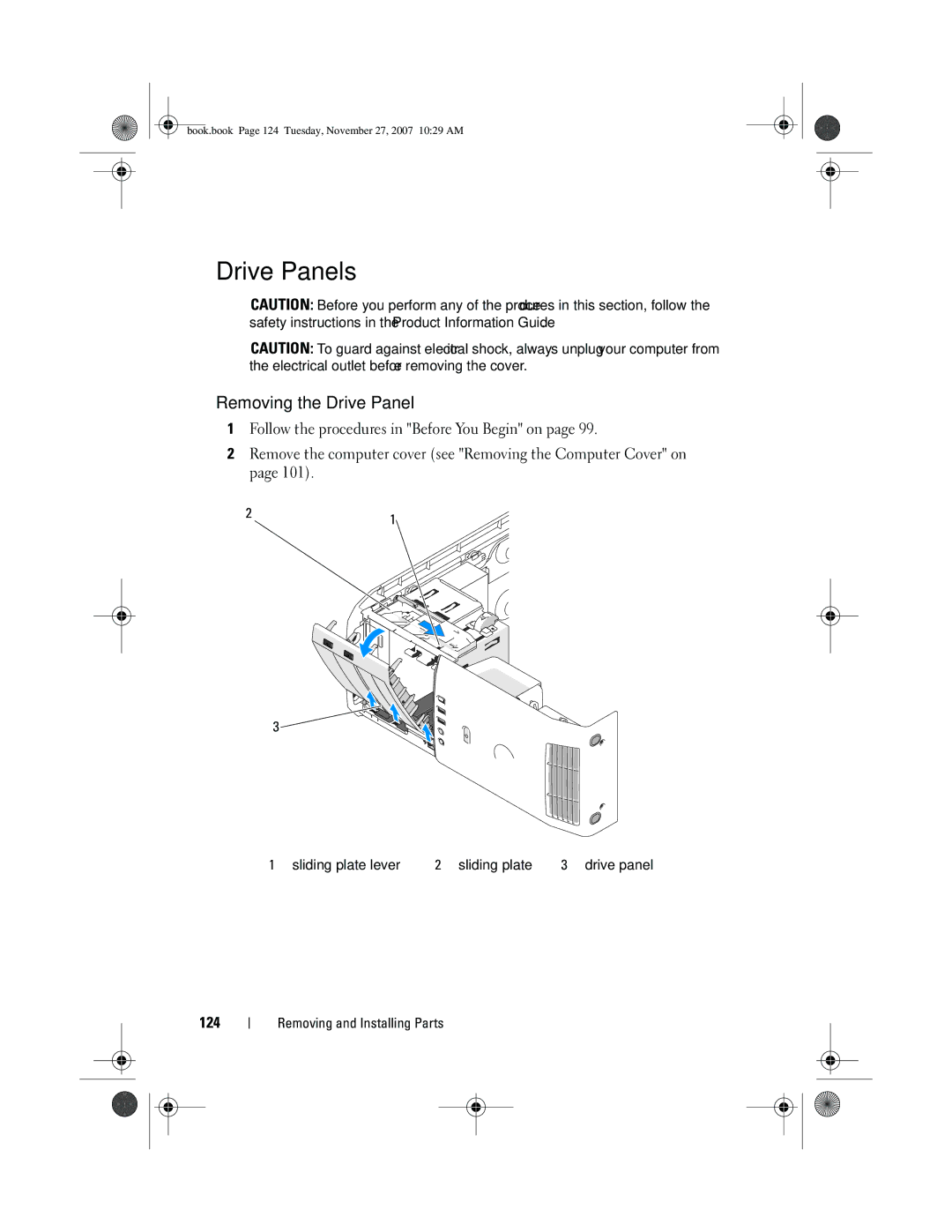 Dell XPS 420 owner manual Drive Panels, Removing the Drive Panel, 124 