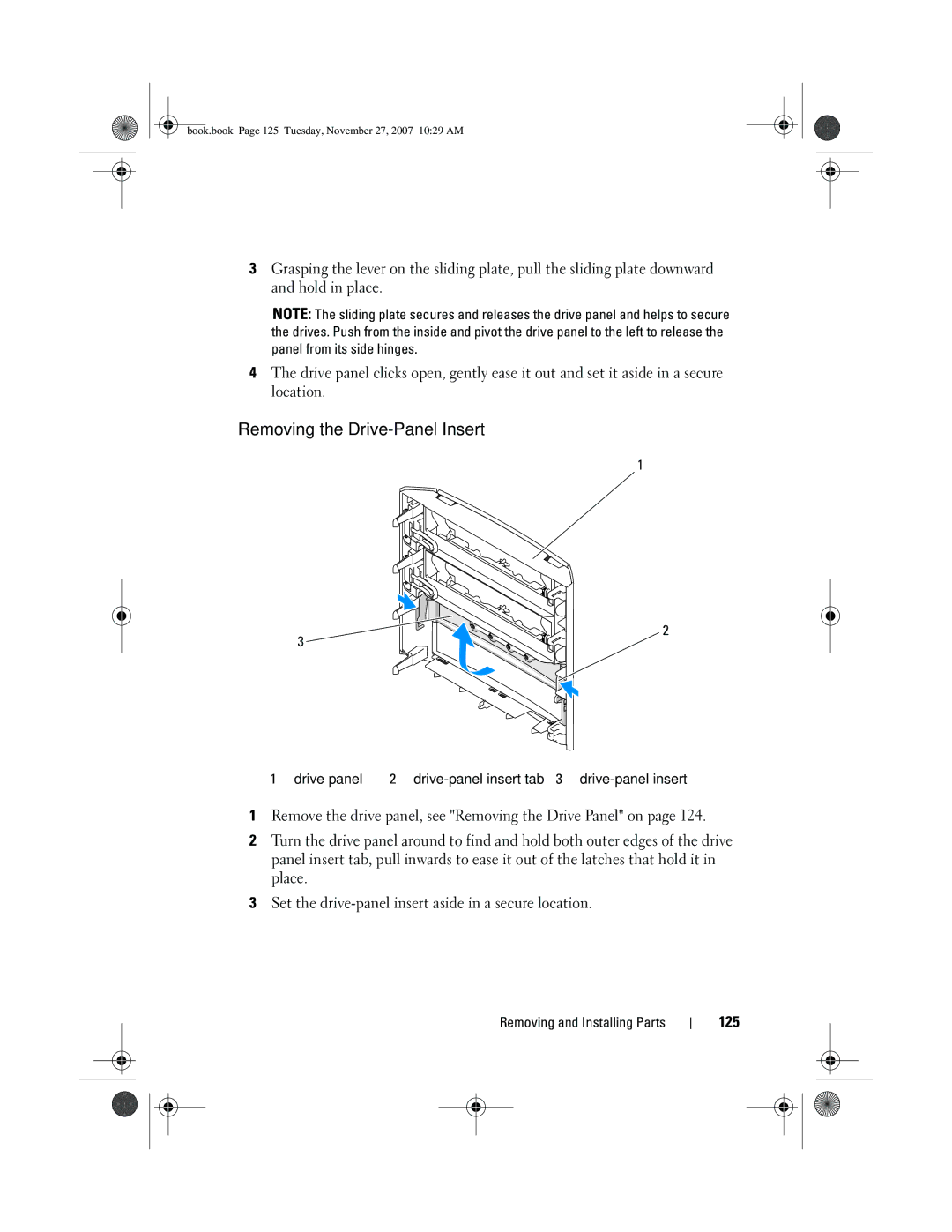 Dell XPS 420 owner manual Removing the Drive-Panel Insert, 125 