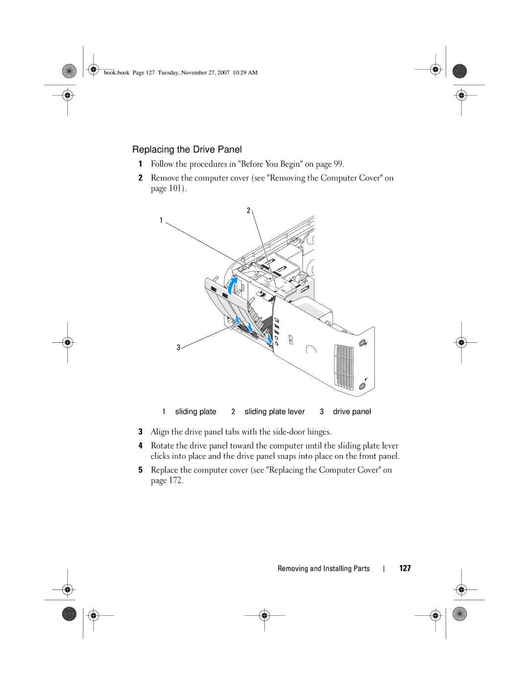 Dell XPS 420 owner manual Replacing the Drive Panel, Align the drive panel tabs with the side-door hinges, 127 