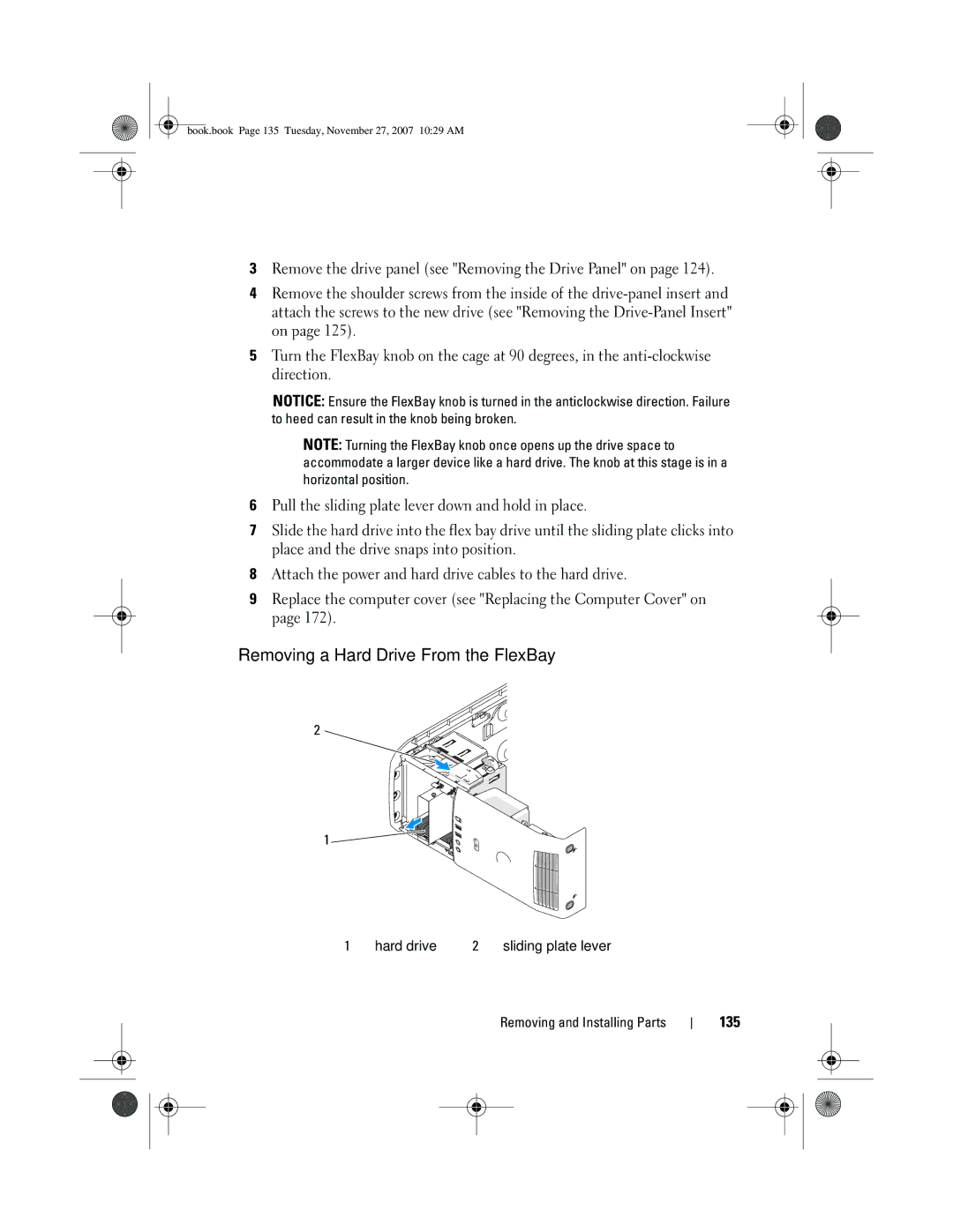 Dell XPS 420 owner manual Removing a Hard Drive From the FlexBay, 135 