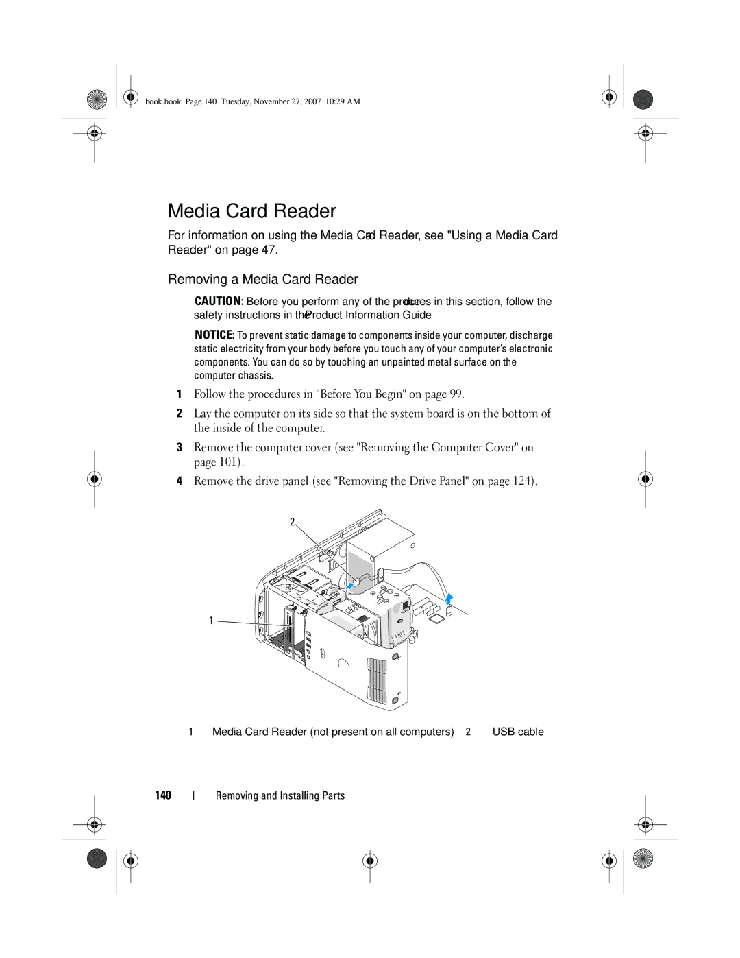 Dell XPS 420 owner manual Removing a Media Card Reader, 140 