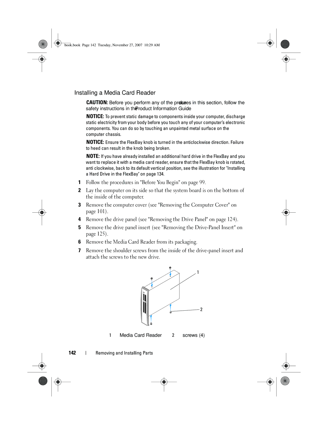 Dell XPS 420 owner manual Installing a Media Card Reader, 142 