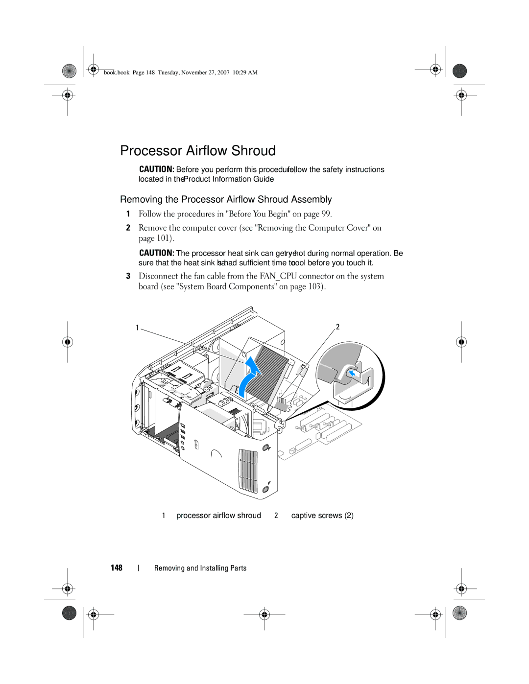 Dell XPS 420 owner manual Removing the Processor Airflow Shroud Assembly, 148 