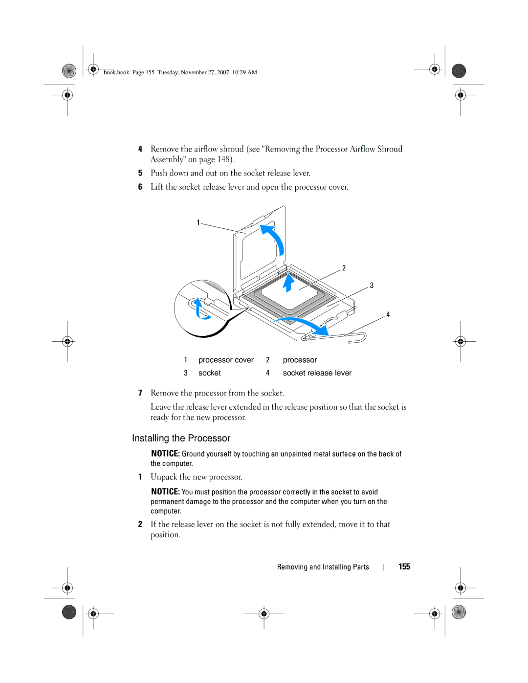 Dell XPS 420 owner manual Installing the Processor, 155 