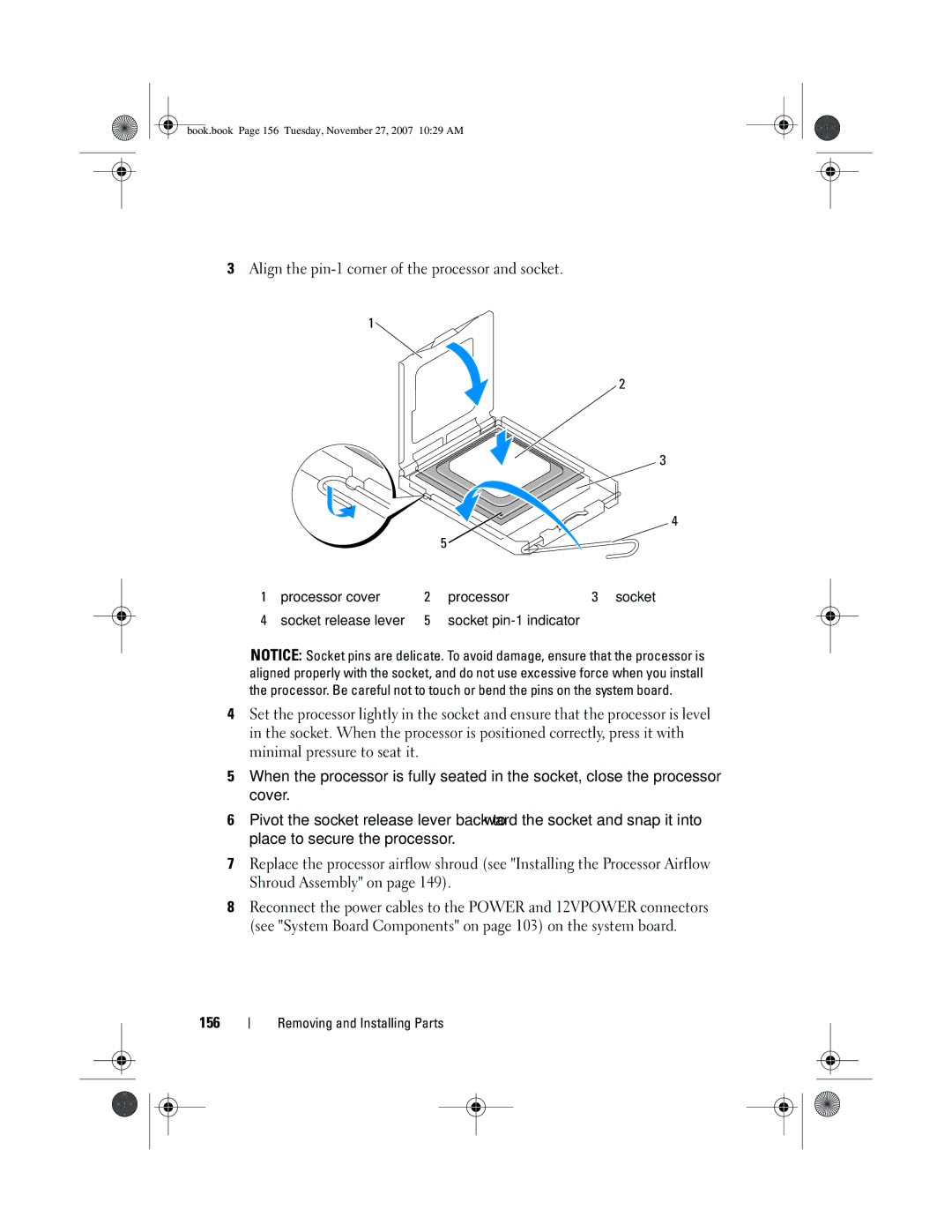 Dell XPS 420 owner manual Align the pin-1 corner of the processor and socket, 156 