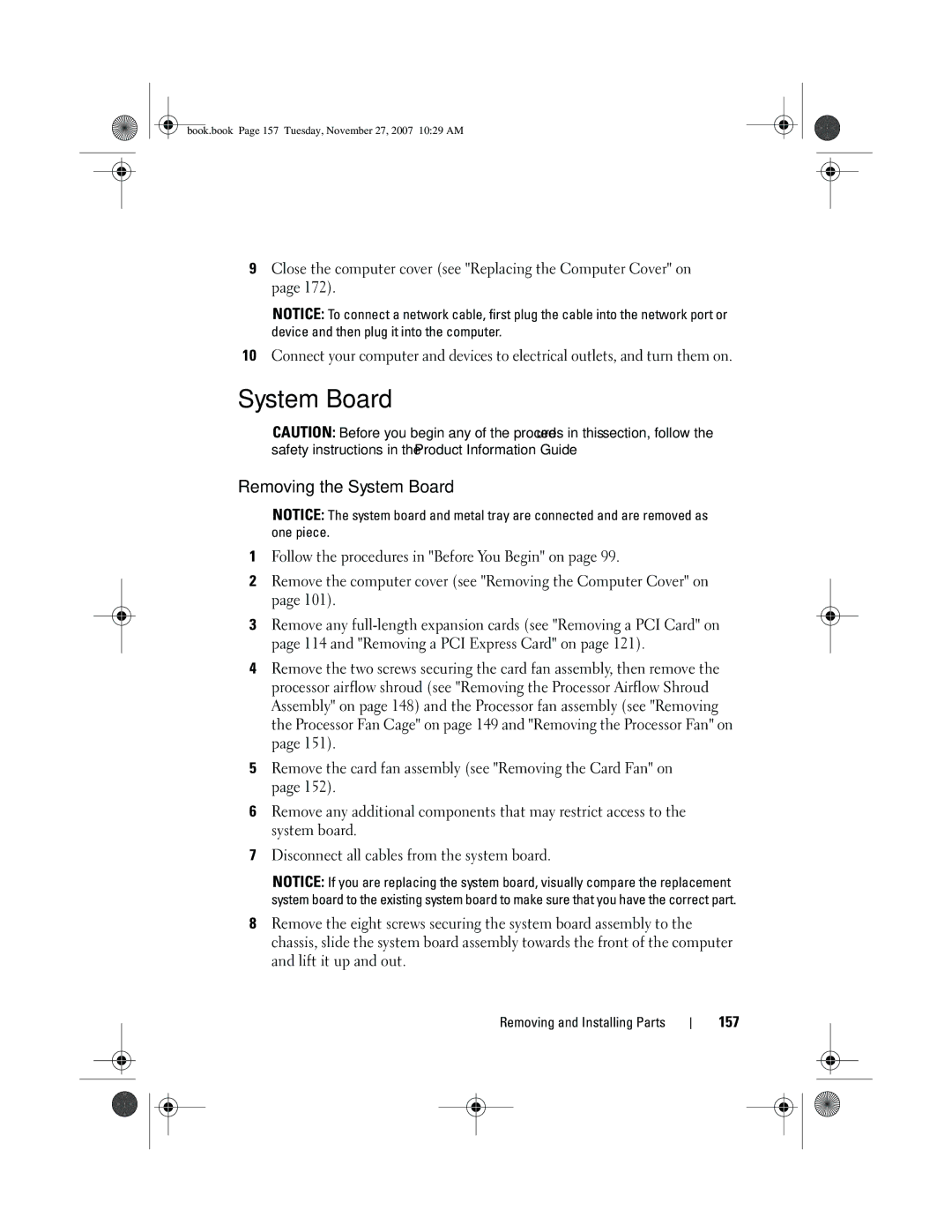 Dell XPS 420 owner manual Removing the System Board, 157 