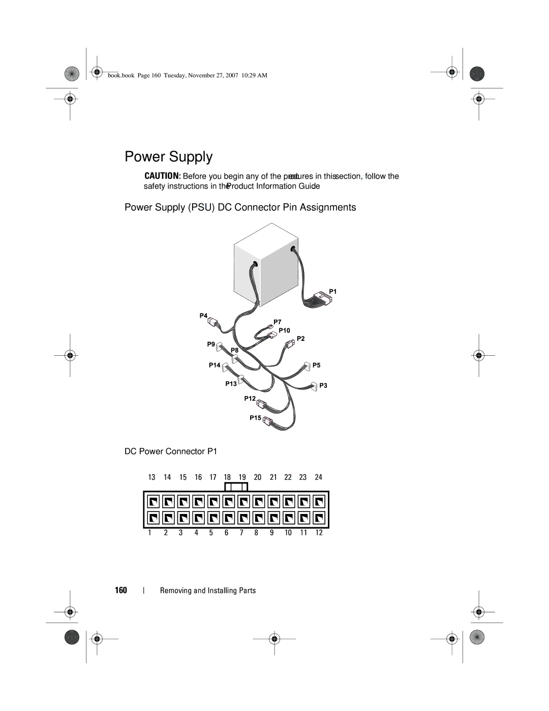 Dell XPS 420 owner manual Power Supply PSU DC Connector Pin Assignments, DC Power Connector P1 160 