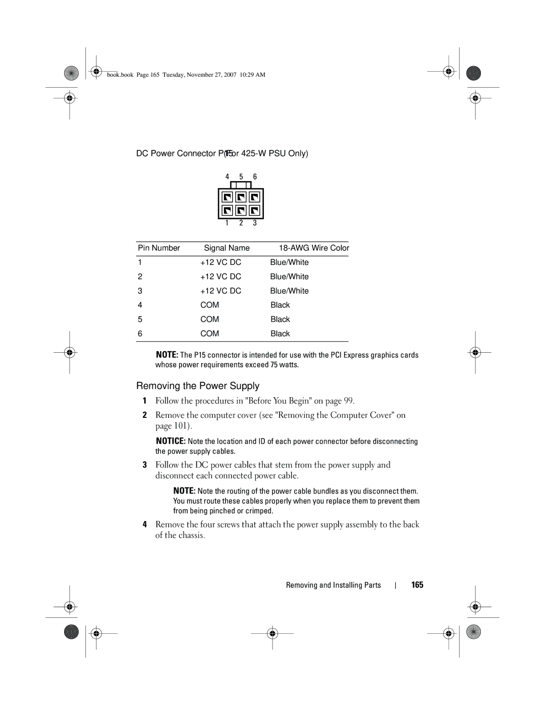 Dell XPS 420 owner manual Removing the Power Supply, DC Power Connector P15 For 425-W PSU Only, 165 