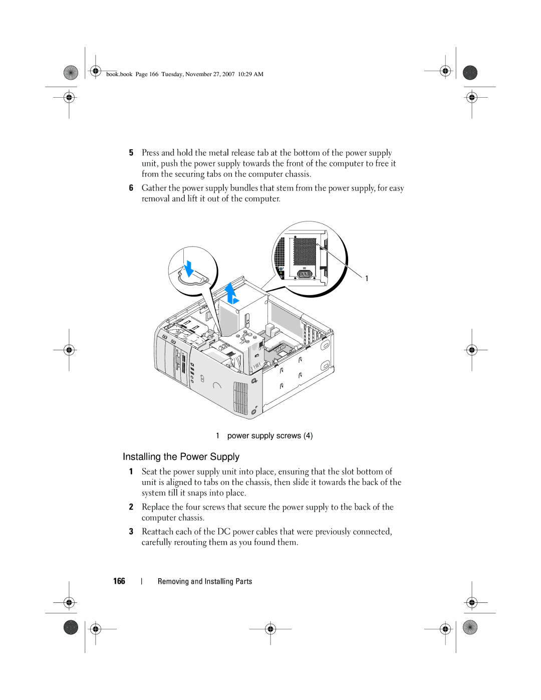 Dell XPS 420 owner manual Installing the Power Supply 