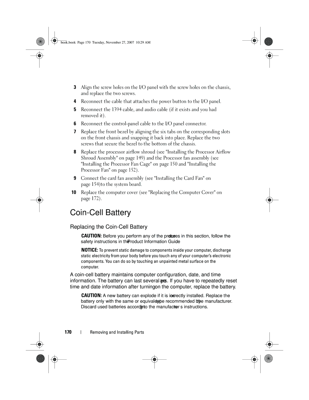 Dell XPS 420 owner manual Replacing the Coin-Cell Battery, 170 