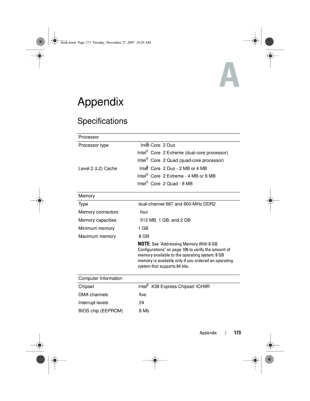 Dell XPS 420 owner manual Specifications, 173 