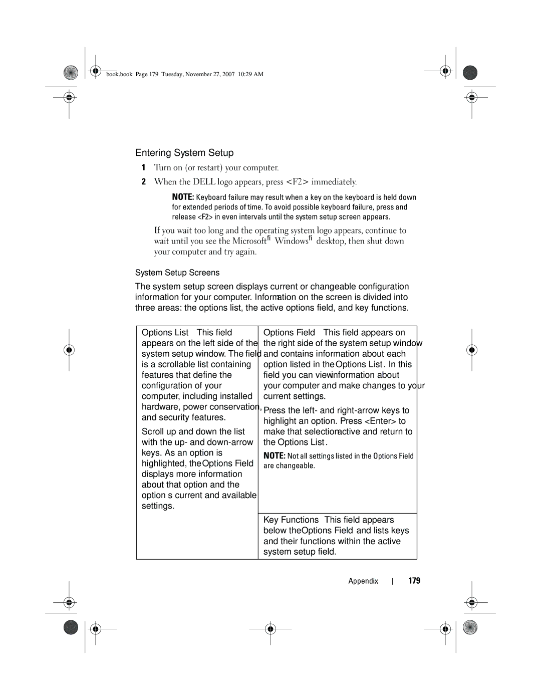 Dell XPS 420 owner manual Entering System Setup, Contains information about each, 179 