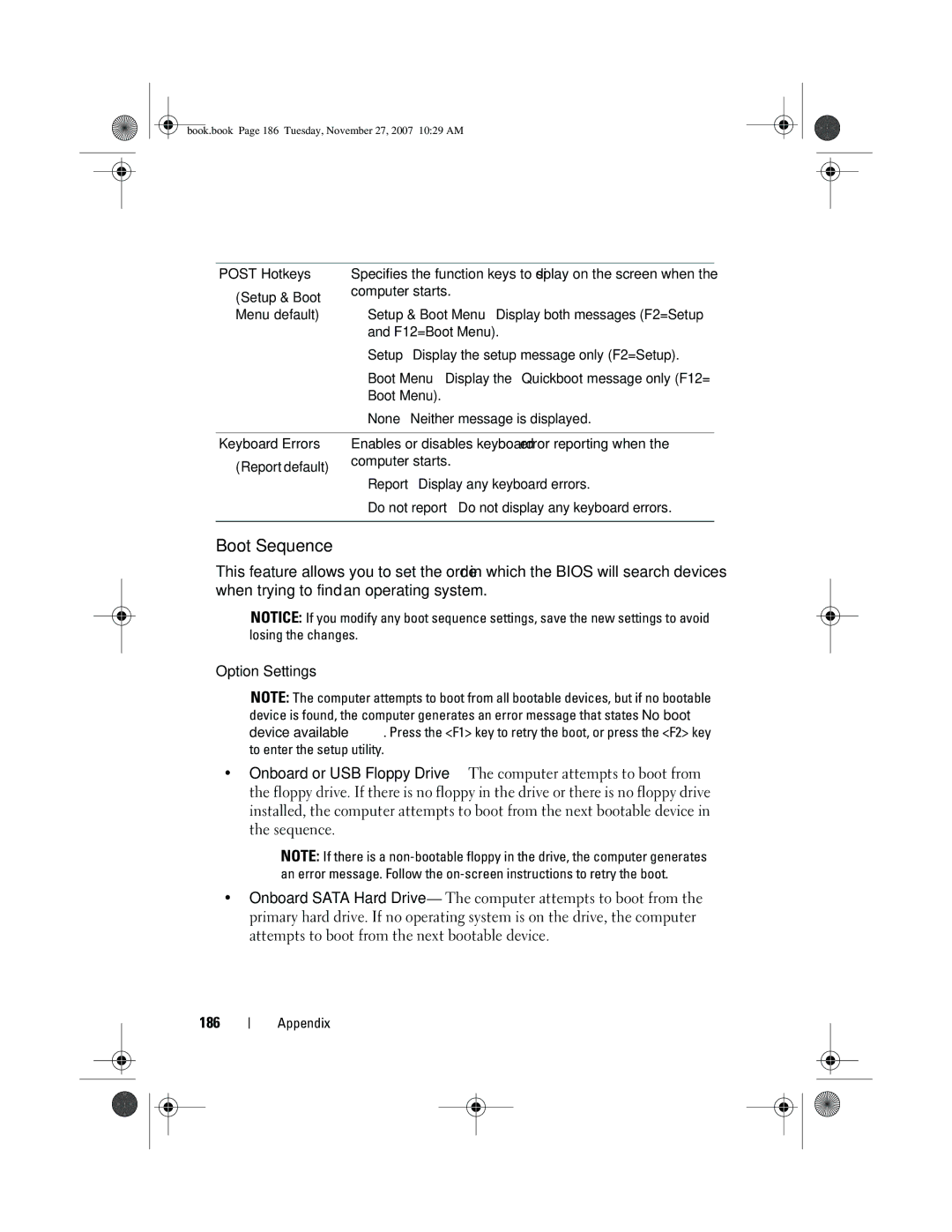 Dell XPS 420 owner manual Boot Sequence 