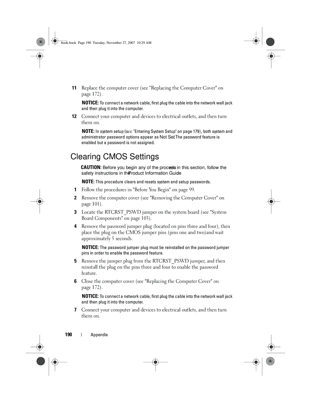 Dell XPS 420 owner manual Clearing Cmos Settings 