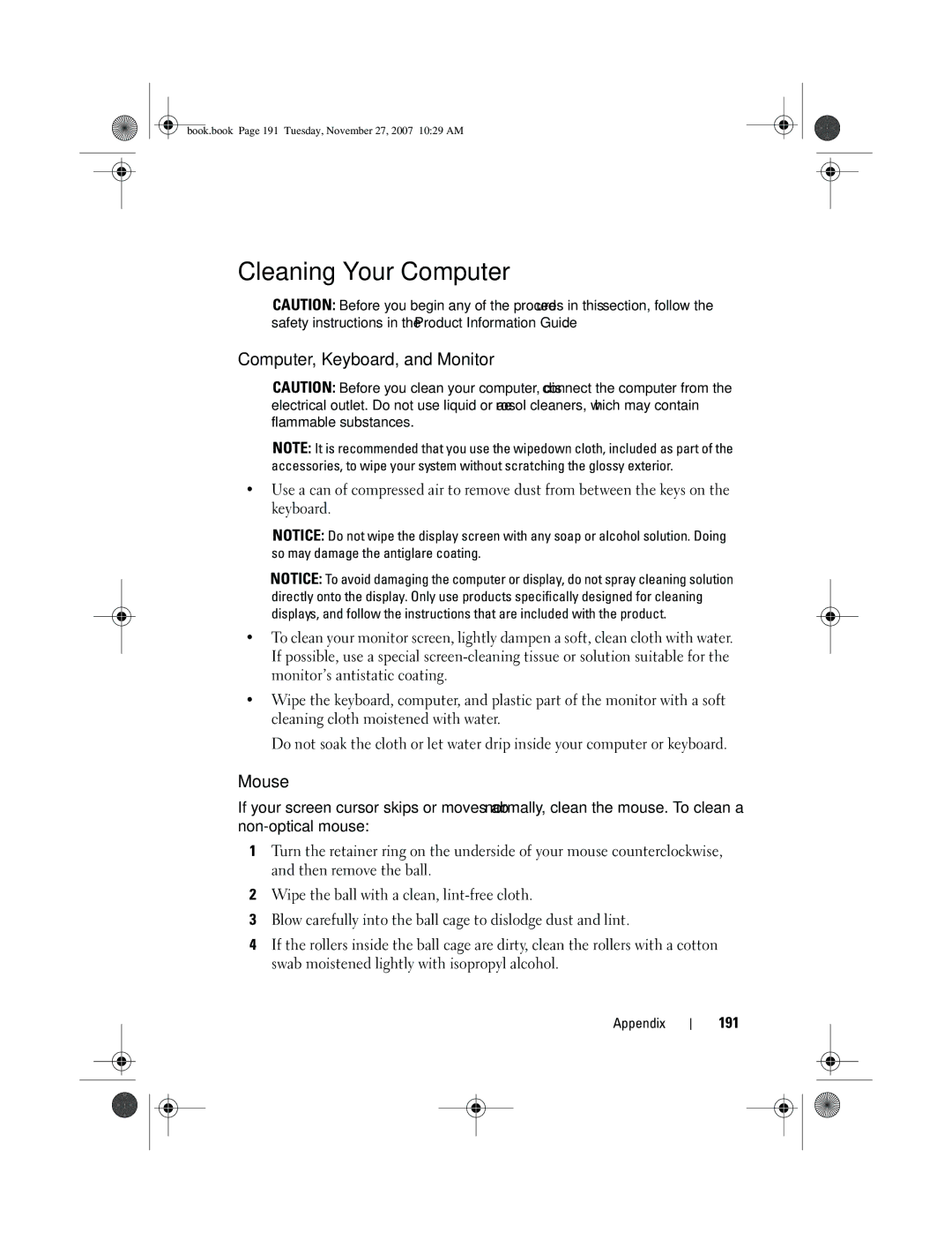 Dell XPS 420 owner manual Cleaning Your Computer, Computer, Keyboard, and Monitor, Mouse, 191 