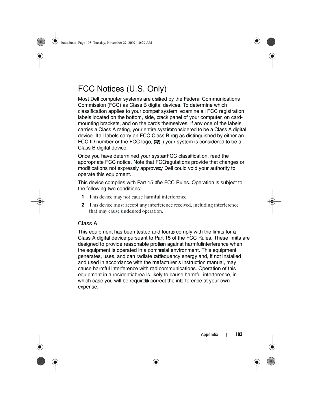 Dell XPS 420 owner manual FCC Notices U.S. Only, Class a, 193 