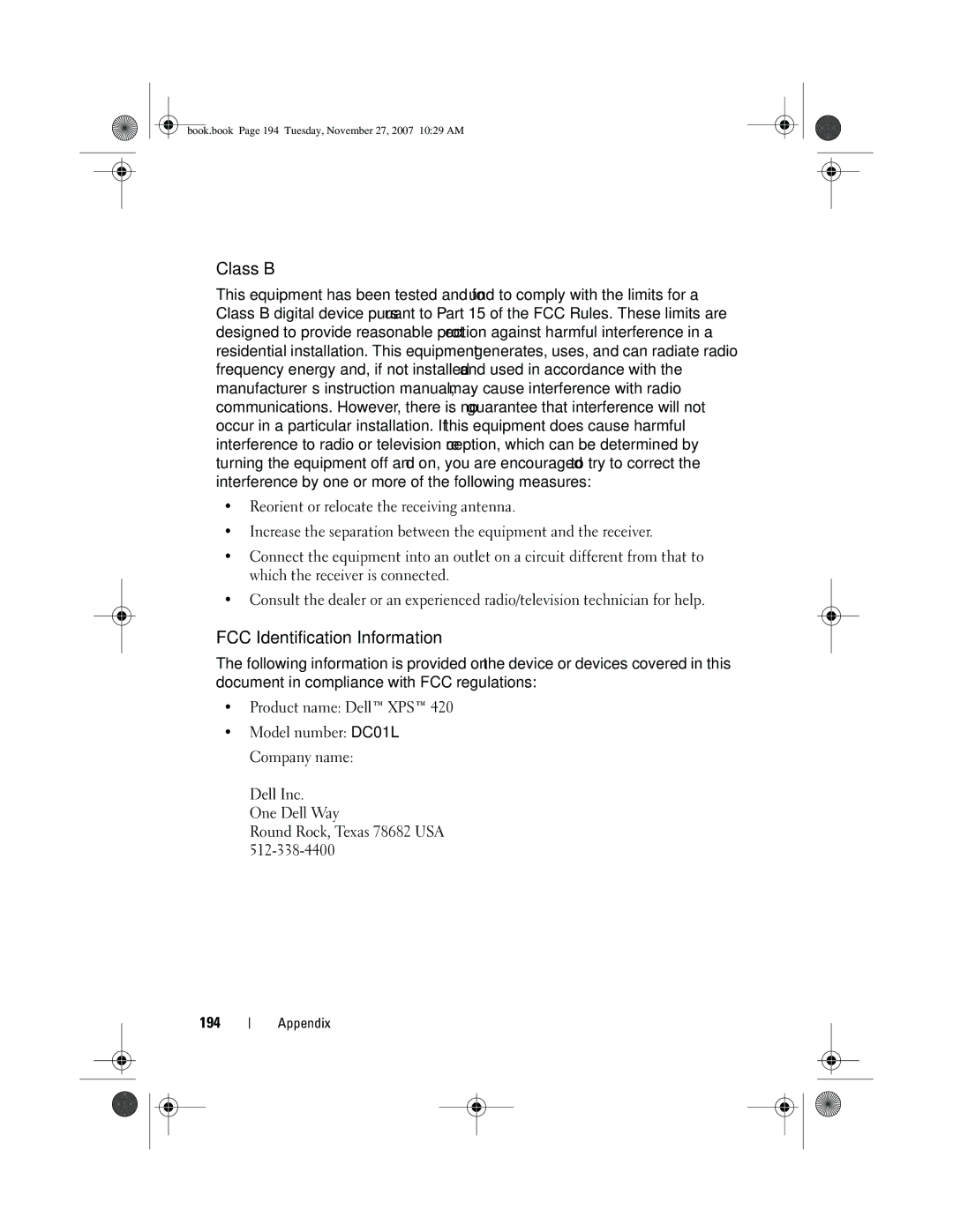 Dell XPS 420 owner manual Class B, FCC Identification Information 