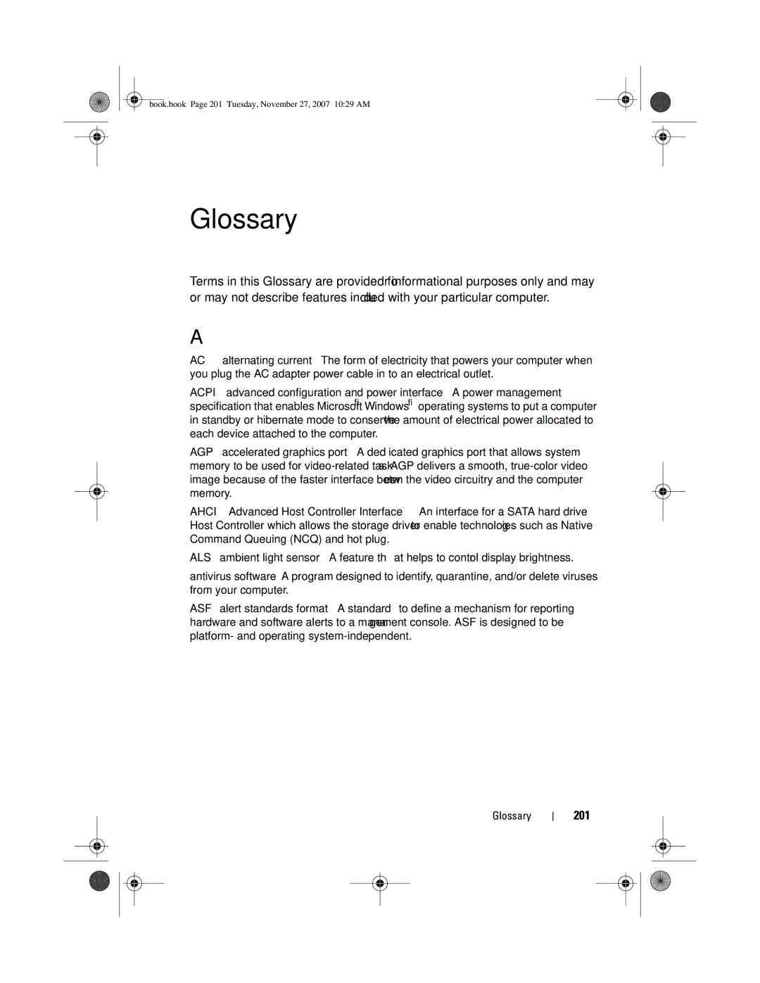 Dell XPS 420 owner manual 201, Glossary 