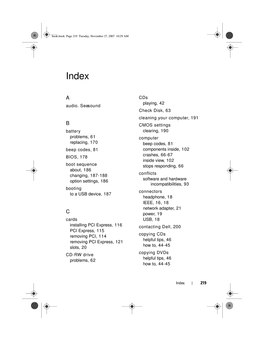 Dell XPS 420 owner manual 219, Inside view, 102 stops responding, Index 