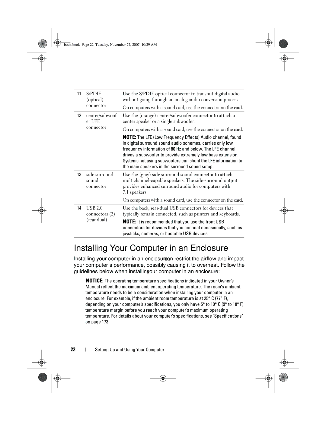 Dell XPS 420 owner manual Installing Your Computer in an Enclosure, Main speakers in the surround sound setup 