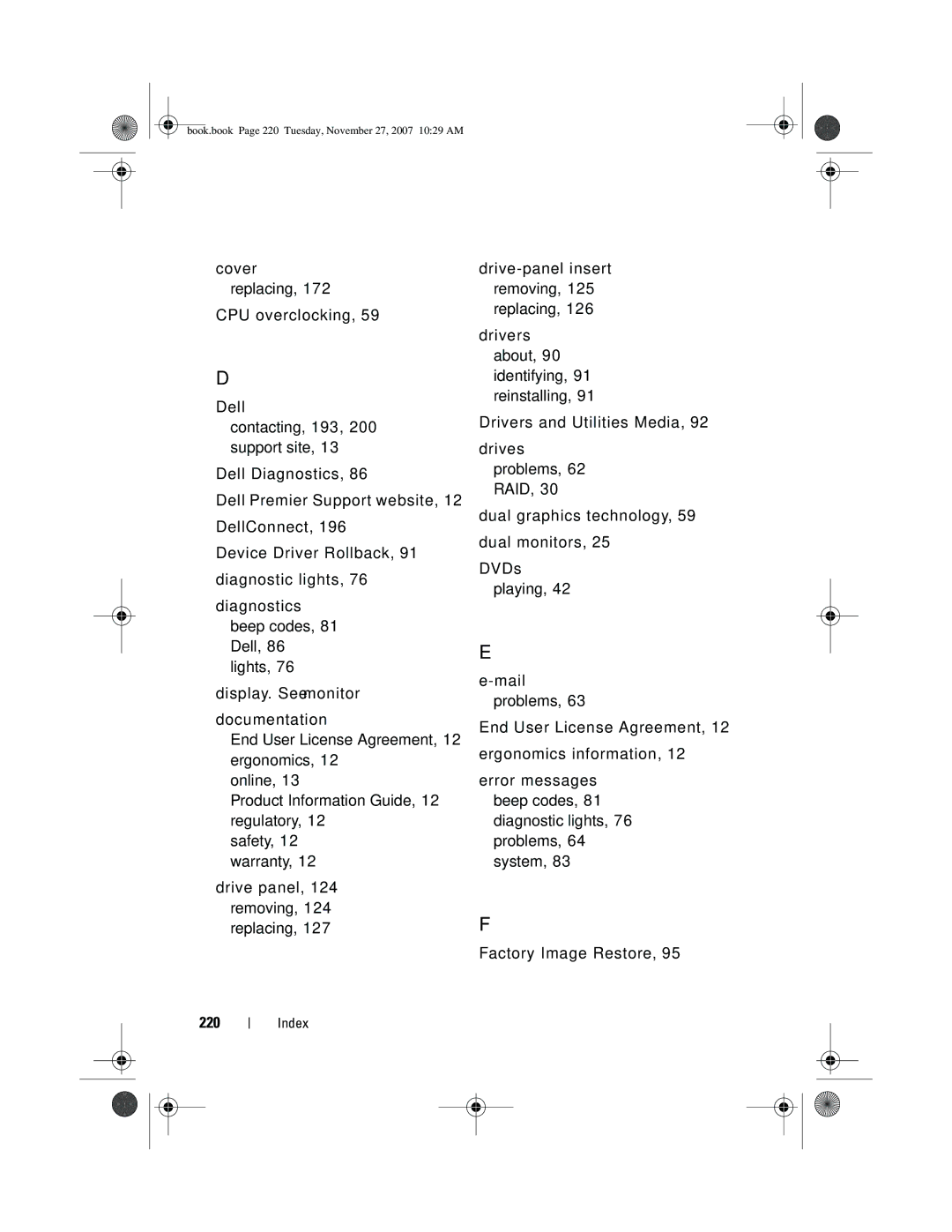 Dell XPS 420 owner manual Book.book Page 220 Tuesday, November 27, 2007 1029 AM 