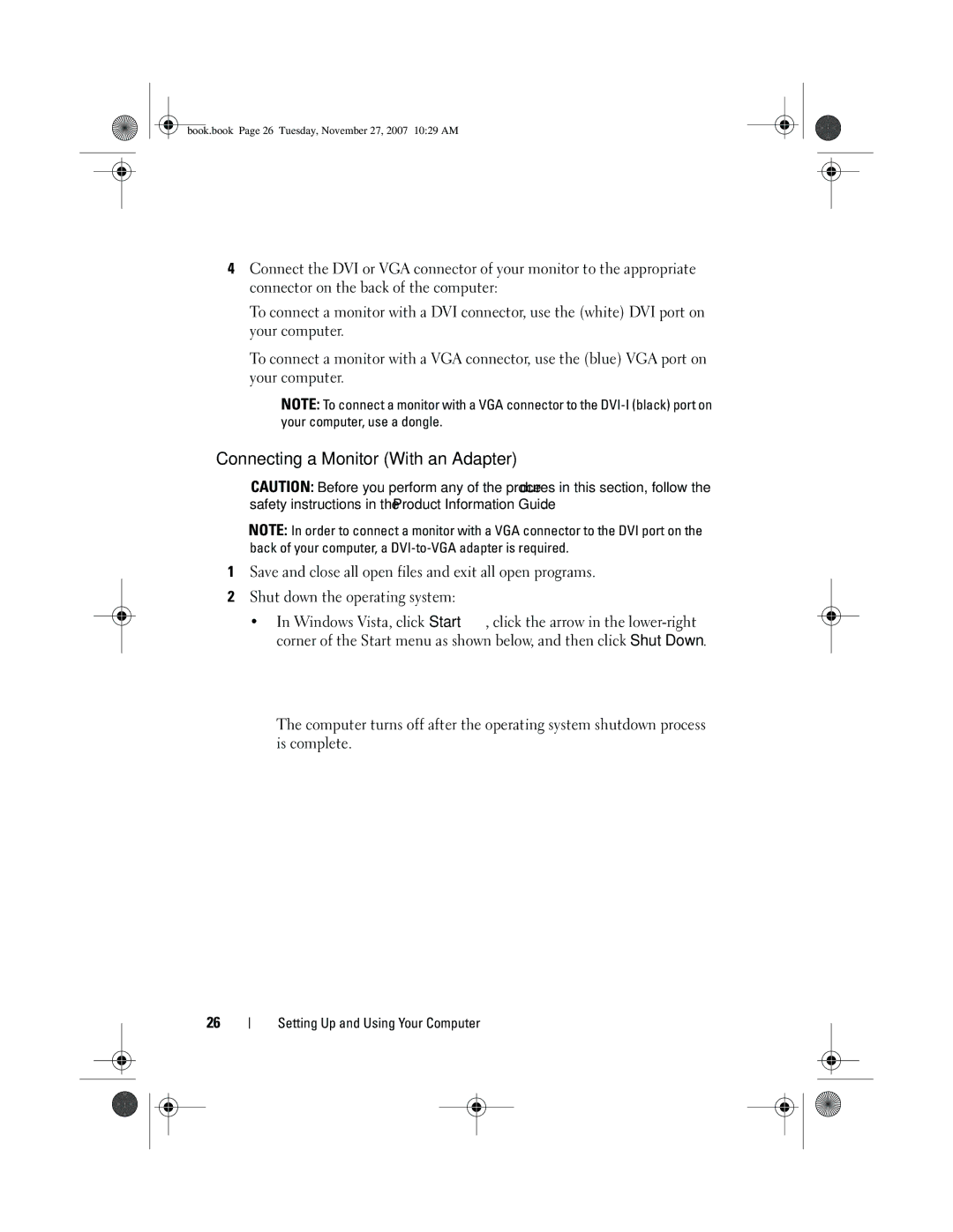 Dell XPS 420 owner manual Connecting a Monitor With an Adapter 