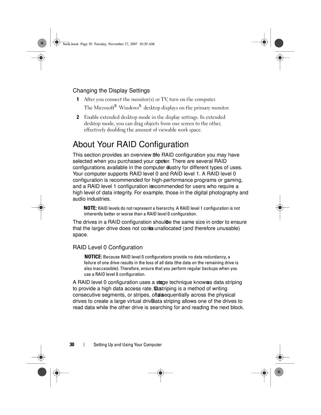 Dell XPS 420 owner manual About Your RAID Configuration, Changing the Display Settings, RAID Level 0 Configuration 