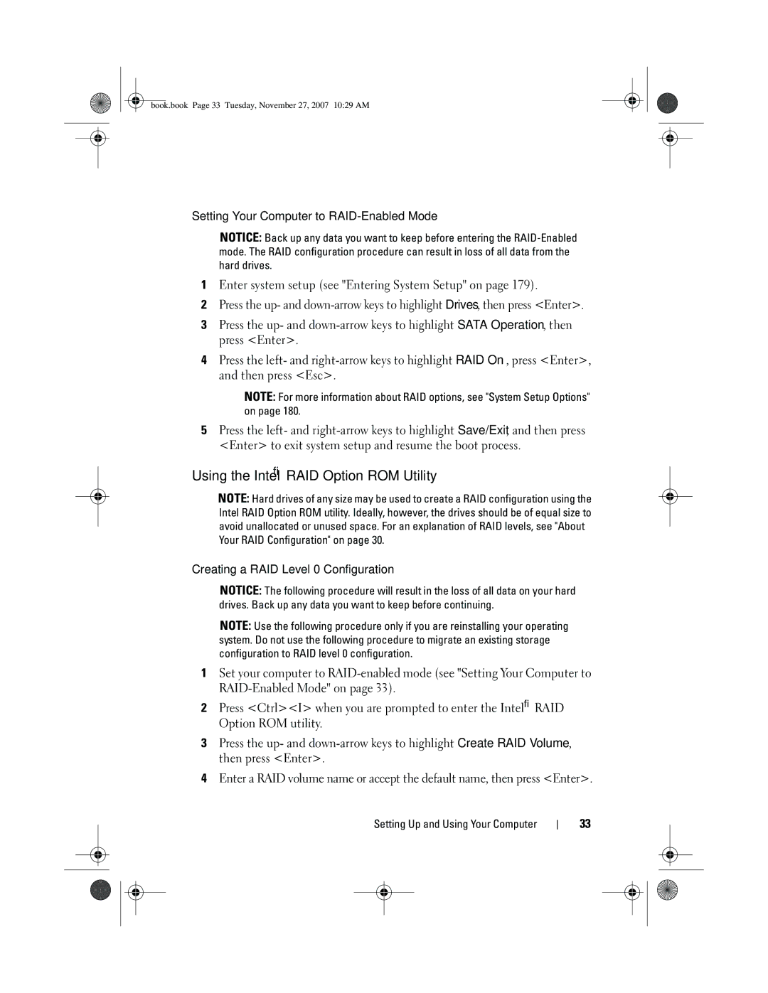 Dell XPS 420 owner manual Using the Intel RAID Option ROM Utility 