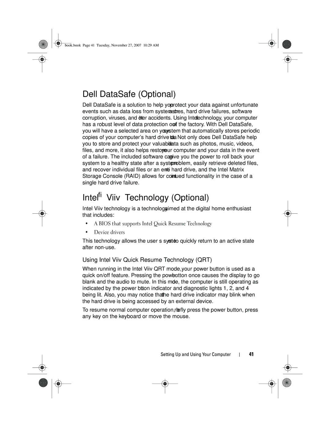 Dell XPS 420 Dell DataSafe Optional, Intel Viiv Technology Optional, Using Intel Viiv Quick Resume Technology QRT 