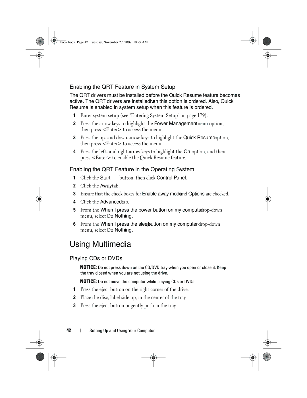 Dell XPS 420 Using Multimedia, Enabling the QRT Feature in System Setup, Enabling the QRT Feature in the Operating System 