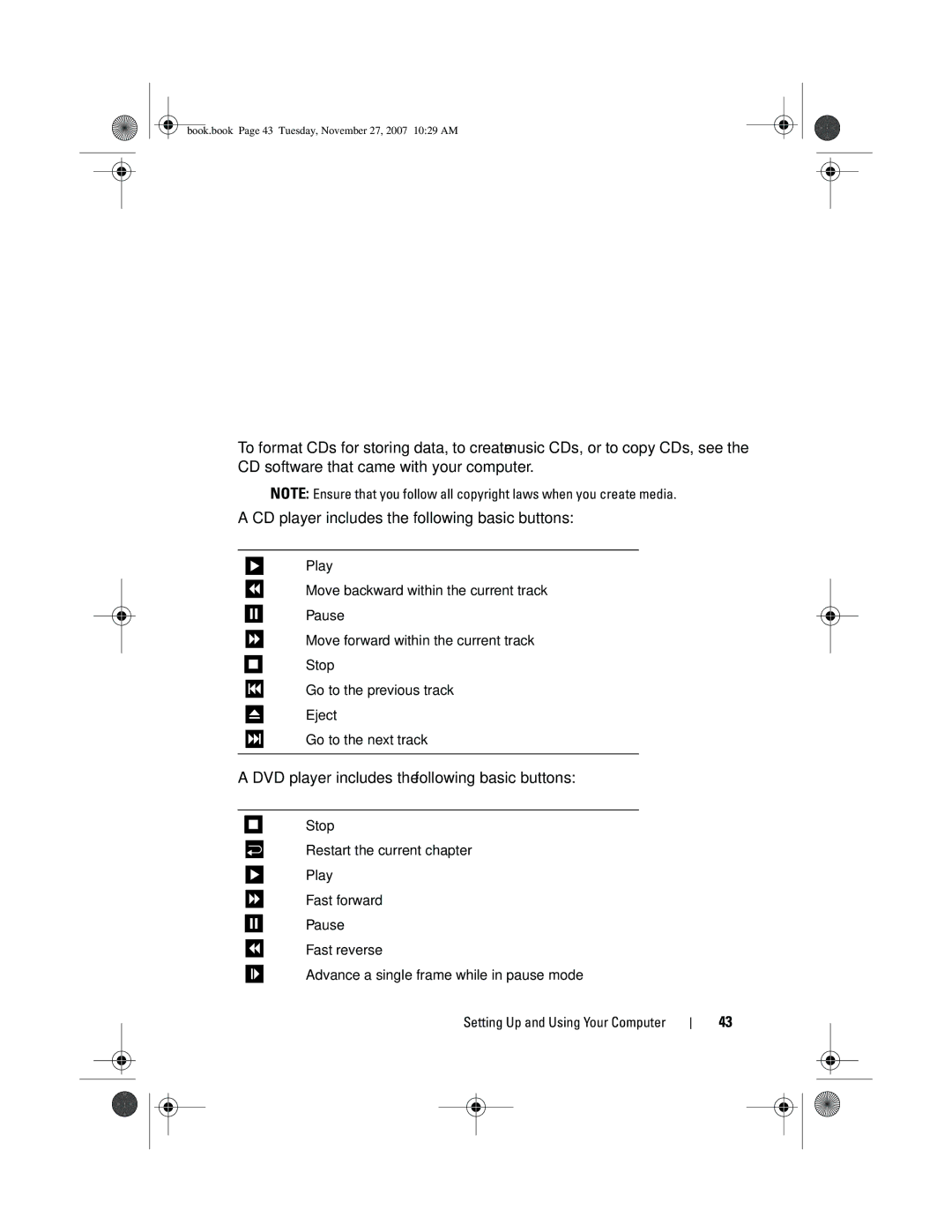 Dell XPS 420 owner manual DVD player includes the following basic buttons 