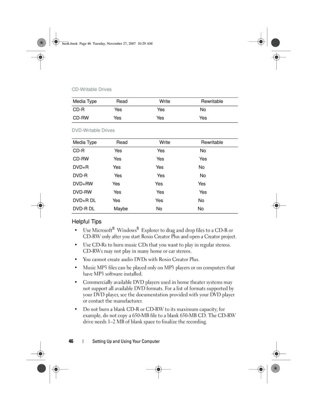 Dell XPS 420 owner manual Helpful Tips, Media Type Read Write Rewritable 