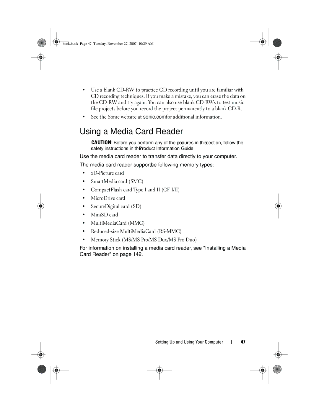 Dell XPS 420 owner manual Using a Media Card Reader 